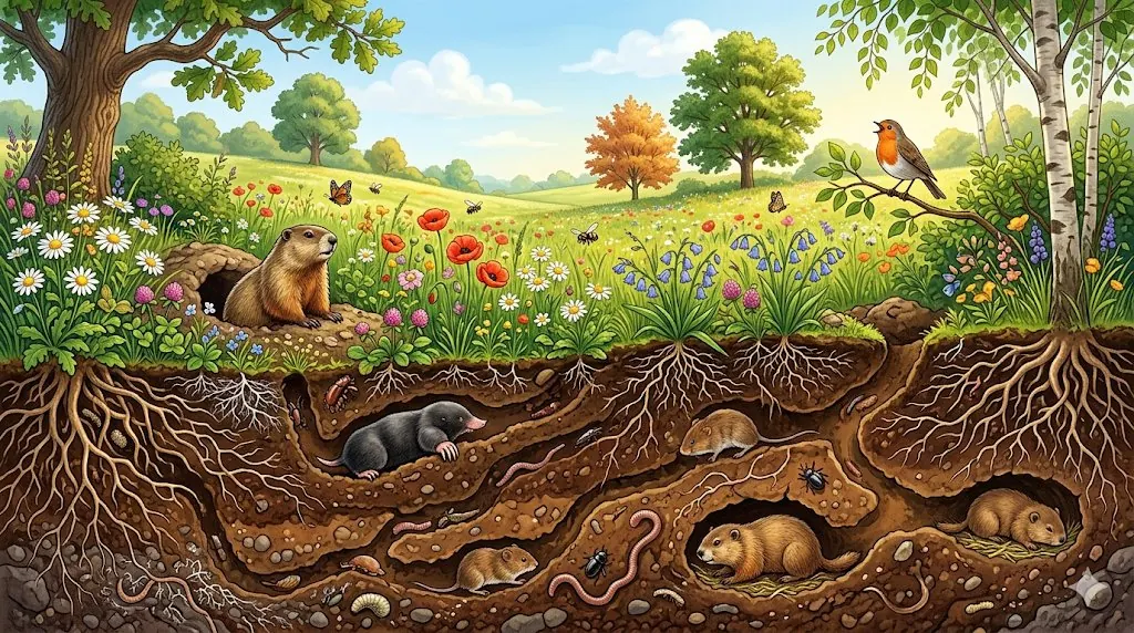 Illustrated cutaway of a wildflower meadow above ground, with a groundhog, a robin, and butterflies among the flowers, and a cross-section below ground showing roots, soil layers, and small creatures including a mole, voles, a beetle, and an earthworm