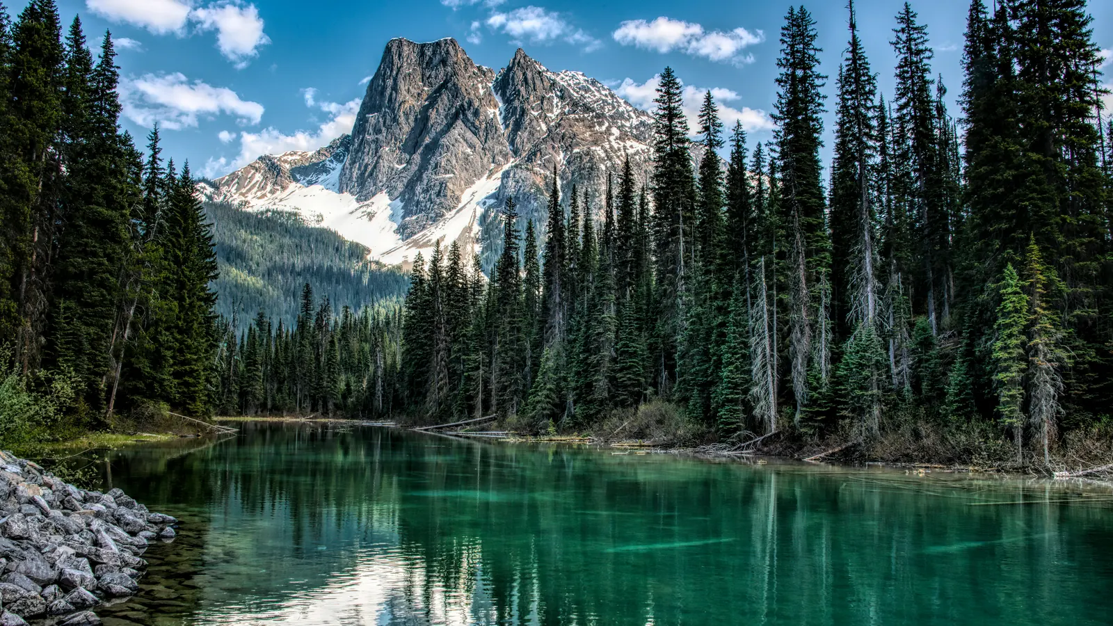 A still turquoise lake in British Columbia ringed by dense evergreen forest, with a snow-streaked mountain rising behind